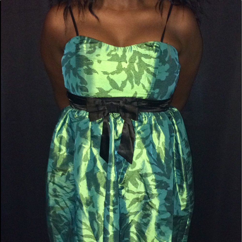 Green satin black velour dress,  spaghetti straps.